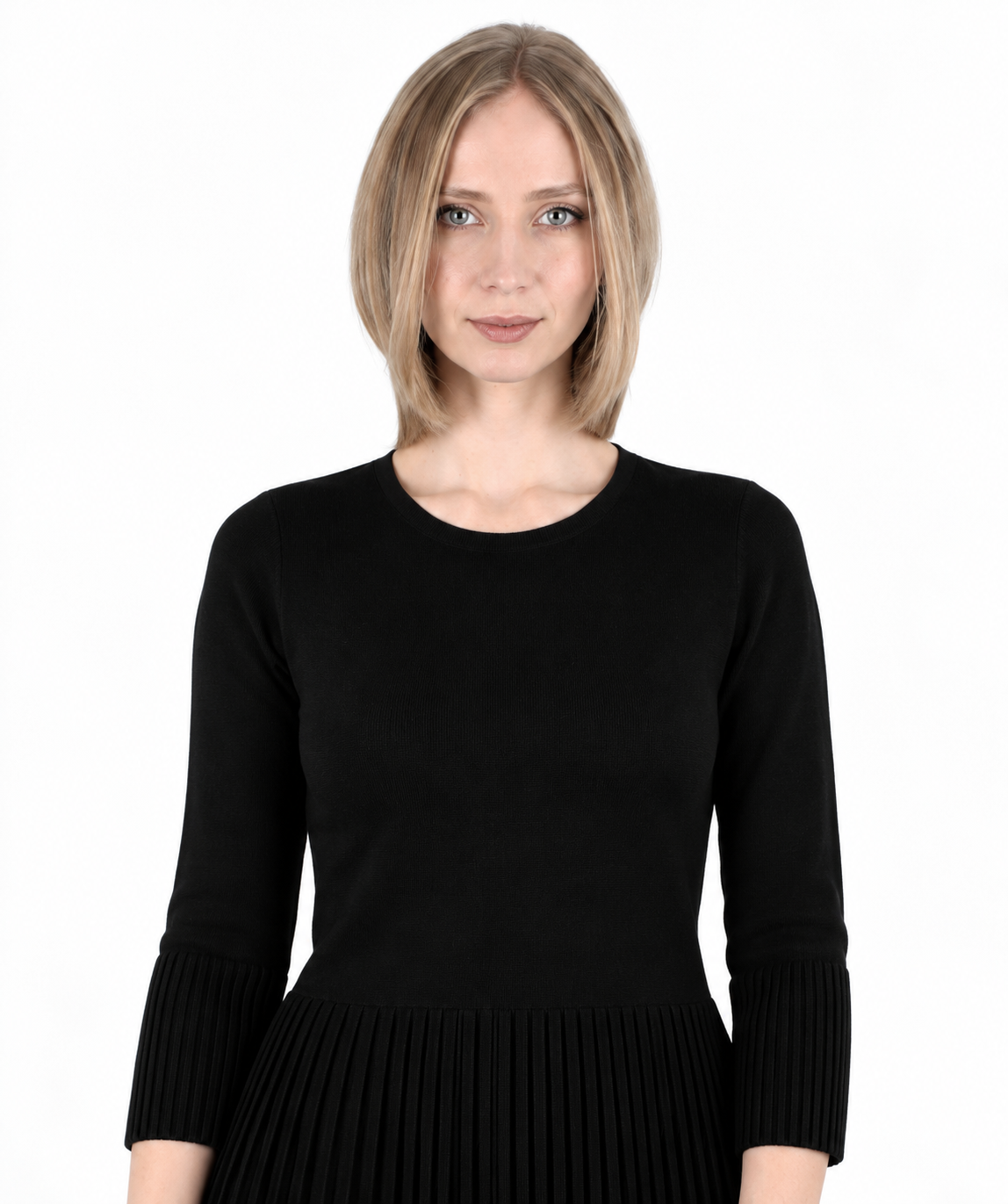 Rochie neagră din lână plisată decolteu rotund